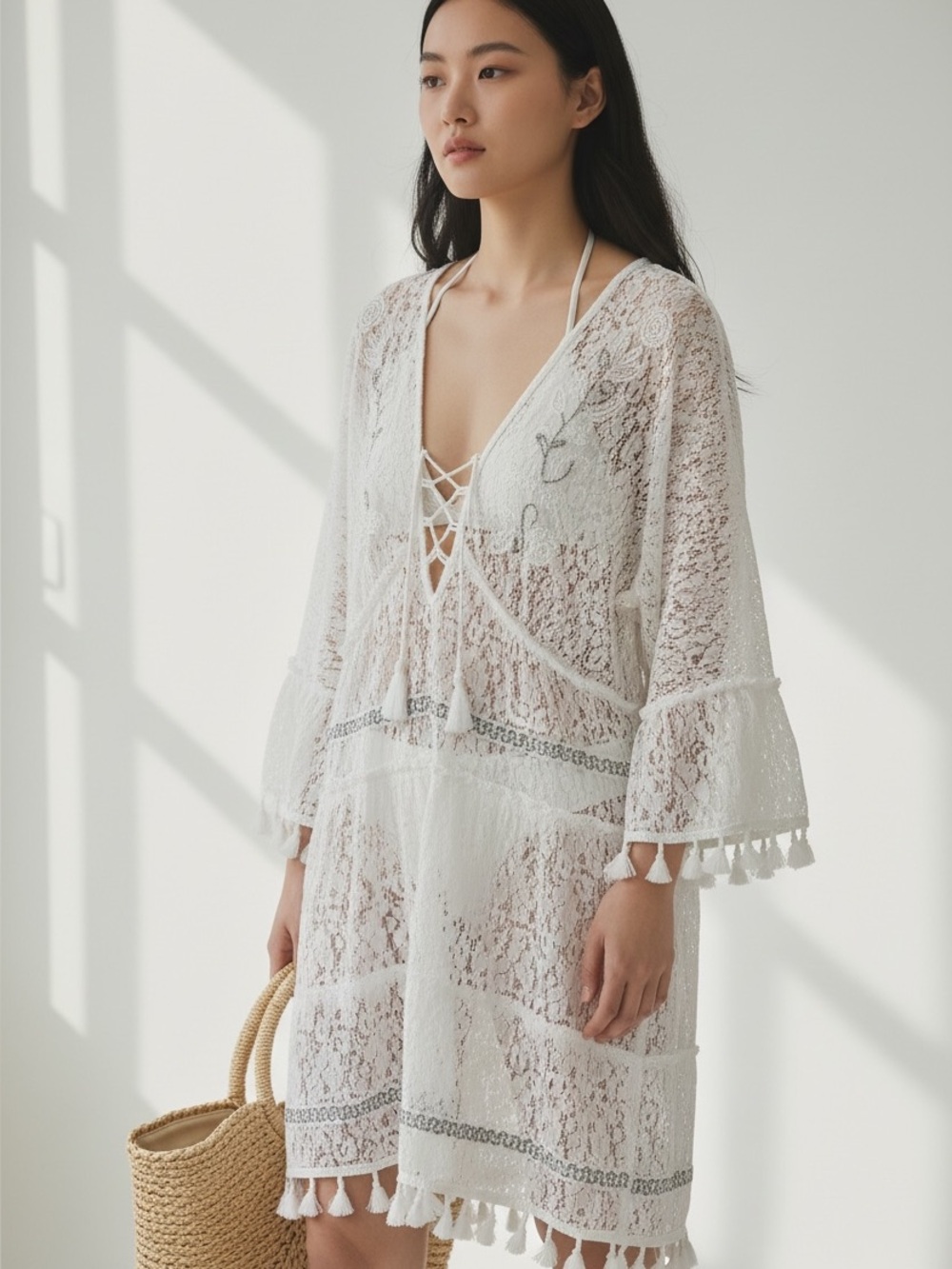 Beaded Embroidered Swim Coverup dress tassels cotton lace size Large